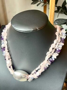 RARE FIND! Vintage RAGE Brand 925 Sterling Rose Quartz Amethyst Necklace